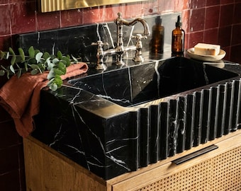 Custom Nero Marquina Marble Vanity Sink with Backsplash and Wood Vanity, Built to Order in Our Own Atelier
