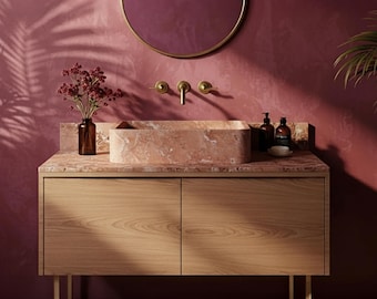 Pink Violet Marble Sink, Fluted Marble Sink Basin, Stone Vanity Top, Floating Wall Hanging Sink for Bathroom and Interior Decoration M1F110