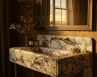 May include: A luxurious bathroom sink made of white marble with dark veining. The sink has a gold faucet and is set against a patterned wallpaper. A mirror and window are visible in the background, along with decorative lighting.