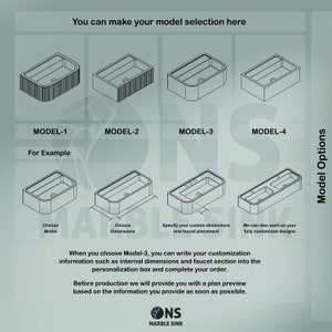 May include: Diagram showing four different marble sink models with descriptions of how to customize each model. The text reads "You can make your model selection here." and "Model Options".