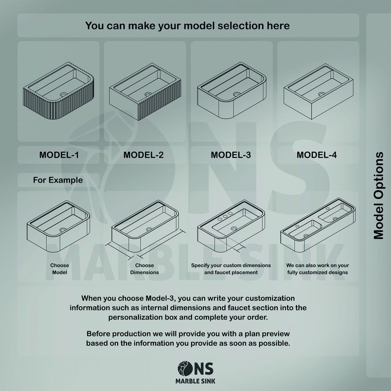 May include: Diagram showing four different marble sink models with descriptions of how to customize each model. The text reads "You can make your model selection here." and "Model Options".