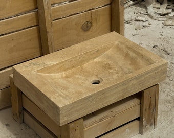 Premium Natural Stone Sink - Travertine Marble, Hand Carved with Custom Vanity Options