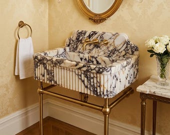 Calacatta Viola Marble Sink with Two-Leg Gold Stand & Sculpted Backsplash | Fluted Hand Carved Layered Basin | Custom Luxury Bathroom Sink