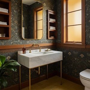 May include: A luxurious bathroom with a marble sink on gold legs, gold fixtures, and a large mirror. The walls feature patterned wallpaper and wooden trim. Wooden shelves hold towels. A window provides natural light.