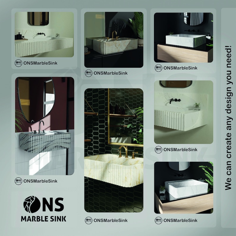 May include: A collection of bathroom vanity sinks made of marble. The sinks are in various shapes and sizes, and are shown in different bathroom settings. The text "ONS MARBLE SINK" is displayed at the bottom of the image.
