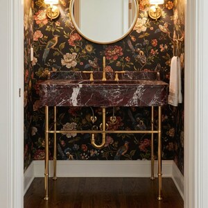 Rosso Levanto Honed Wall Mounted Marble Sink with Backsplash and Metal Legs for Custom Bathroom Vanity