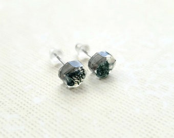 Moss Agate Stud Earrings, Silver Hypoallergenic Stainless Steel, Gemstone in Resin Small Earrings, Minimalist Jewelry