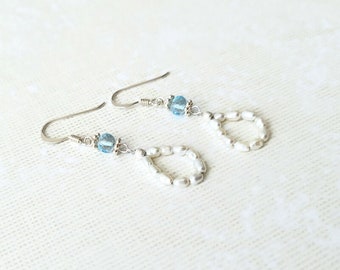 Blue Topaz and White Freshwater Pearls Sterling Silver Earrings, Something Blue, Gemstone Earrings