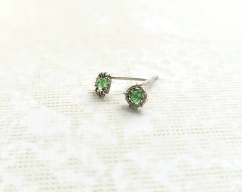 Tsavorite Garnet Stud Earrings in Sterling Silver, Wire Wrapped Artisan Natural Gemstone Small Earrings, Abundance, Prosperity and Health