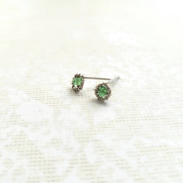 Tsavorite Garnet Stud Earrings in Sterling Silver, Wire Wrapped Artisan Natural Gemstone Small Earrings, Abundance, Prosperity and Health