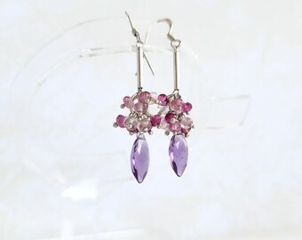 Amethyst Cluster Earrings in Sterling Silver with Pink Tourmaline and Rose Quartz, Romantic Earrings