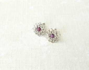 Phosphosiderite Stone Sterling Silver Studs, Natural  Purple Gemstone, Wire Wrapped Artisan Small Flower Post Earrings, Stress Reducer