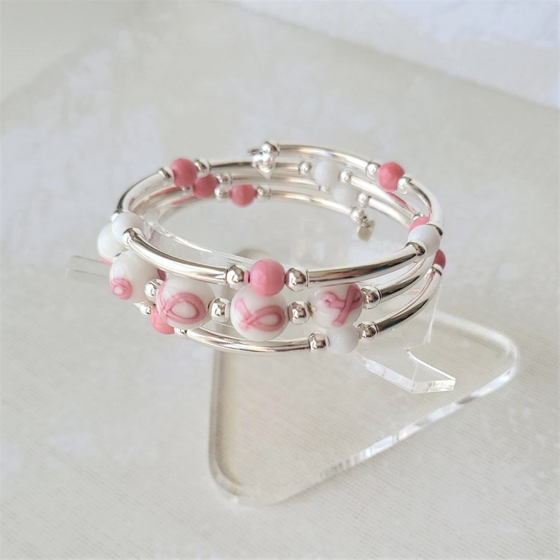 Breast Cancer Awareness Memory Wire Silver Bracelet, Limited Edition Handmade Jewelry image 4