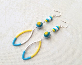 Blue, Yellow and White Glass and Silicone Tubes Silver Long Earrings, Limited Edition Handmade Jewelry, Bright Colors Fun Earrings