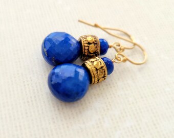 Lapis Lazuli Gold Earrings Top Quality Genuine Gemstones