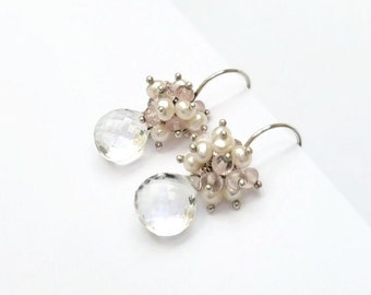 Clear Quartz and Pearls Cluster Earrings, Sterling Silver Rock Crystal Briolette Earrings