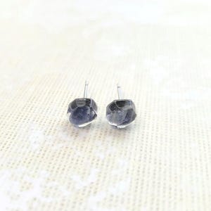 Iolite Stud Earrings, Silver Hypoallergenic Stainless Steel, Natural Crystal Stone in Resin Small Posts