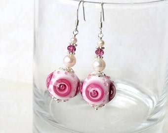 Lampwork Glass Sterling Silver Earrings with White Freshwater Pearl and Pink Tourmaline