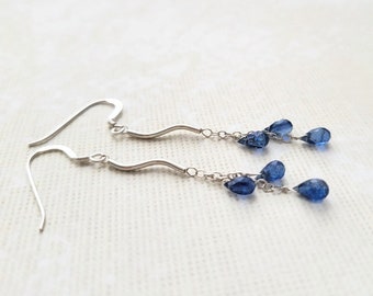 Blue Kyanite Sterling Silver long Earrings, Libra Birthday Gift, Handmade Jewelry