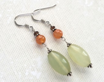 Jade Sterling Silver Earrings with Carnelian and Andalusite, Natural Gemstones Jewelry