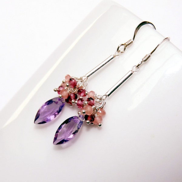 o-- SALE --o Purple Amethyst, Garnet, Sterling Silver Earrings, Handmade Jewelry