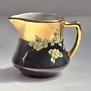 Vintage TEPCO B. Defiba Hand Painted Creamer 1959 | Black & Gold Porcelain Cream Pitcher | California Pottery | Mid Century Floral