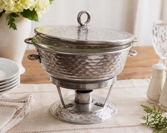 Vintage Hammered Aluminum Chafing Dish with Lid | Mid Century Buffet Server Fire-King Glass Insert