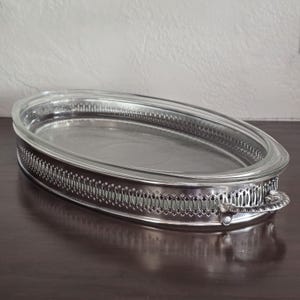 Vintage International Silver Oval Serving Dish with Glass Baking Insert | Silverplate Casserole Server | Oven to Table Buffet Serveware