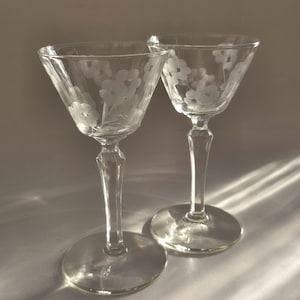 May include: Two clear glass stemmed cocktail glasses featuring an etched floral pattern on the bowl. Each glass has a wide, circular base and a faceted, multi-sided stem that transitions into a smooth, flared drinking vessel with delicate flowers.