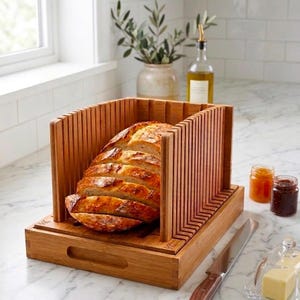 May include: A light brown bamboo bread slicer guide with vertical slots, holding a sliced loaf of crusty artisan bread. The wooden cutting board base features a handle cutout, and the unit is designed to assist in creating uniform bread slices.