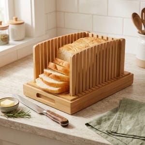 Cortador de pan de bambú para panes caseros – Cortador de pan ajustable con bandeja recogemigas/para servir