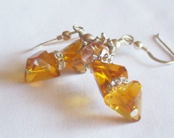 Yellow Topaz Earrings, Golden Honey Crystal Earrings with Silver Rhinestones