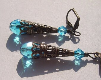 Aqua Blue Earrings, Turquoise Glass Bead Earrings, Blue Leverback Earrings, Antiqued Brass Filigree Jewelry