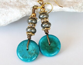 Turquoise and Pyrite Earrings, Turquoise Earrings, Pyrite Earrings, Fools Gold, Metallic Gemstone Earrings