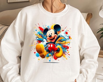 Mickey Mouse Hoodie, Disney Family Sweatshirt, Colorful Cartoon Crewneck, Splash Art Disneyland Trip Sweatshirt, Magical Trip Outfit