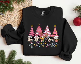 Pink Disney Holiday Sweatshirt, Coquette Christmas Hoodie, Cute Pastel Crewneck, Mickey Friends Winter Pullover, Girly Xmas Gift