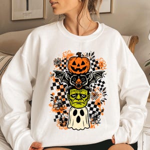 Moletom Monster Mash, gola redonda retrô de Halloween, suéter com personagens assustadores, fantasma e Frankenstein vintage, pulôver para festa de Halloween