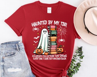 Haunted By My TBR Shirt, Halloween Book Lover Tee, Spooky Season Ghost with Book, Funny Bookworm Gift for Her, Comfort Colors Reader T-Shirt