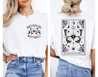 Camiseta de mariposa antisocial, camiseta de tarot, camiseta de bruja celestial con luna mística, estampado frontal y trasero, regalo de ropa alternativa para ella.