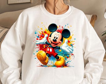 Glücklicher Micky Maus Hoodie, Disney World Urlaub Sweatshirt, Buntes Cartoon Rundhalsausschnitt, Magisches Disneyland Geschenk, Familienausflug Pullover