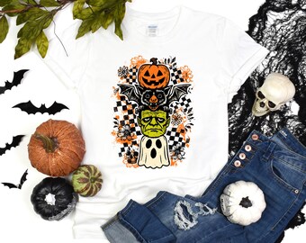 Retro Halloween Monsters Shirt, Spooky Stack Tee with Ghost and Frankenstein, Vintage Monster Mash T-Shirt, Classic Horror Character Gift