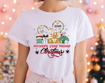 Camiseta navideña de Disney 2025, Fiesta muy alegre de Mickey, Vacaciones en los Cuatro Parques, Viaje familiar, Magic Kingdom Epcot, Camiseta de vacaciones