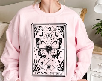 Sudadera gótica con mariposas, cuello redondo para introvertidos antisociales, suéter Dark Academia, jersey de ropa alternativa, top gótico vanguardista, regalo sarcástico