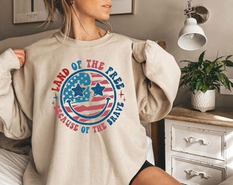 Sudadera patriótica retro de dos caras, Tierra de libertad gracias a la valentía, cuello redondo vintage de EE. UU., sudadera con capucha del 4 de julio, camiseta del Día de la Independencia