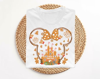 Camiseta navideña de jengibre de Disney, orejas de galleta de Minnie Mouse, vacaciones familiares a juego, viaje a Disneyland 2025, camiseta con castillo de Magic Kingdom, regalo