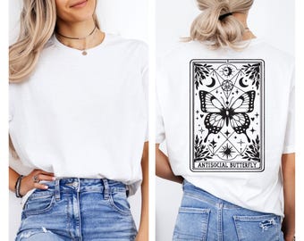 Camiseta de mariposa antisocial, camiseta de tarot, camiseta de bruja celestial, camiseta de luna mística, regalo único de San Valentín para ella, camiseta de mariposa
