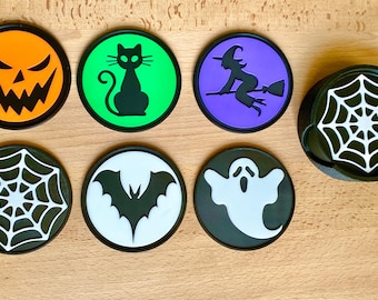 Halloween Coasters Set plus Holder - Spider Web, Ghost, Bat, Witch, Cat and Pumpkin Designs - 3D printed Drink Coasters