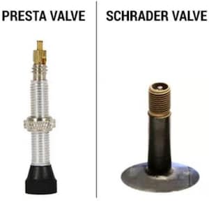 May include: A comparison of two bicycle tire valves. On the left, a silver Presta valve with a threaded stem and a black base. On the right, a black Schrader valve with a brass-colored threaded top and a wide, circular rubber base for mounting.