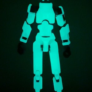 May include: A glow-in-the-dark articulated action figure with a white body and black joints. The figure is standing with its arms at its sides and its legs slightly apart.