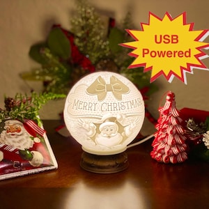 Christmas Decoration Light Lamp - USB Powered or with Tea Light - Lithophane Globe - Santa Claus and Happy New Year